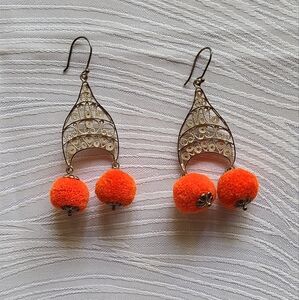 Peruvian Chullo Silver Filigrana Orange Pom Pom Dangle Earrings